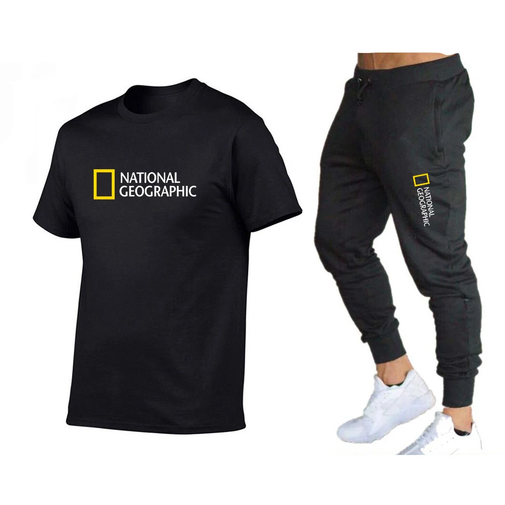 

2021 summer male national geographic exploration adventure sitcom suit male casual fashion sports t-shirt + pants 2-piece set