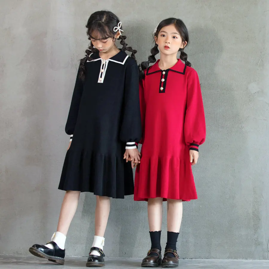 

Spring Lantern Long Sleeve Knee Length Dress Girls 6-15 Years Crochet Cotton Mermaid Pleated spaghetti Hem Button Dresses Teens