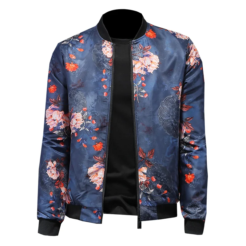 

Loldeal New Bomber Jackets Men Slim Print Stand Collar Baseball Collar