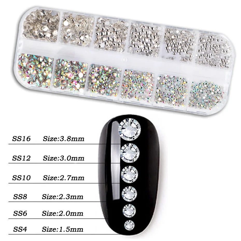 

1Box Multi Size Glass Nail Rhinestones Mixed Colors Flat-back AB Crystal With tools 3D Charm Gems Manicure Nail Art Decorations