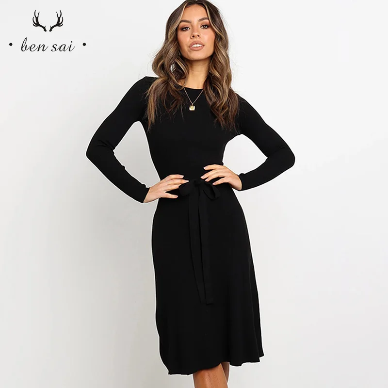 Женское модное платье с круглым вырезом элегантное женское длинными рукавами и