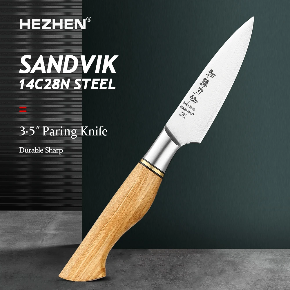 

Стальной нож HEZHEN Master Series, 3,5 дюйма, Sandvik 14C2 8N, кухонные ножи, ручка из оливкового дерева, очистка фруктов, картофеля