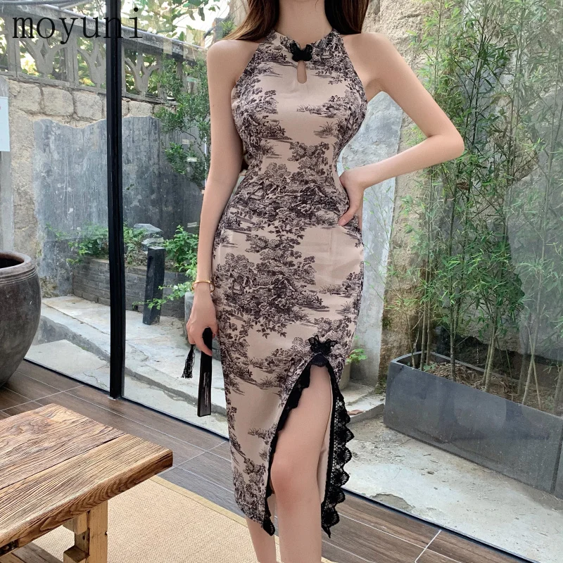 

Retro High Waist Slimming Floral Halter Sheath Dress for Women Spring and Summer New Elegant Mid-Length Chinese Style Cheongsam
