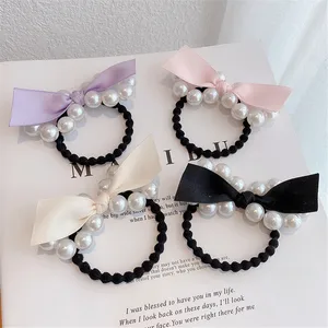 Корейский Стиль для женщин и девочек с жемчужинами и перфорированным бантом резинка для волос, обтянутая тканью; Веревки резинкой c элегантной лентой модный конский Хвостик Держатель женские аксессуары для волос