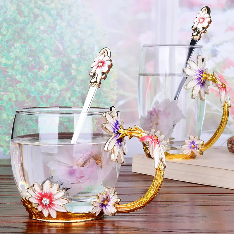

Эмалированная кофейная чашка, кружка, цветочный чай, питьевые стеклянные чашки с ручкой для горячих и холодных напитков с прокладкой для кр...
