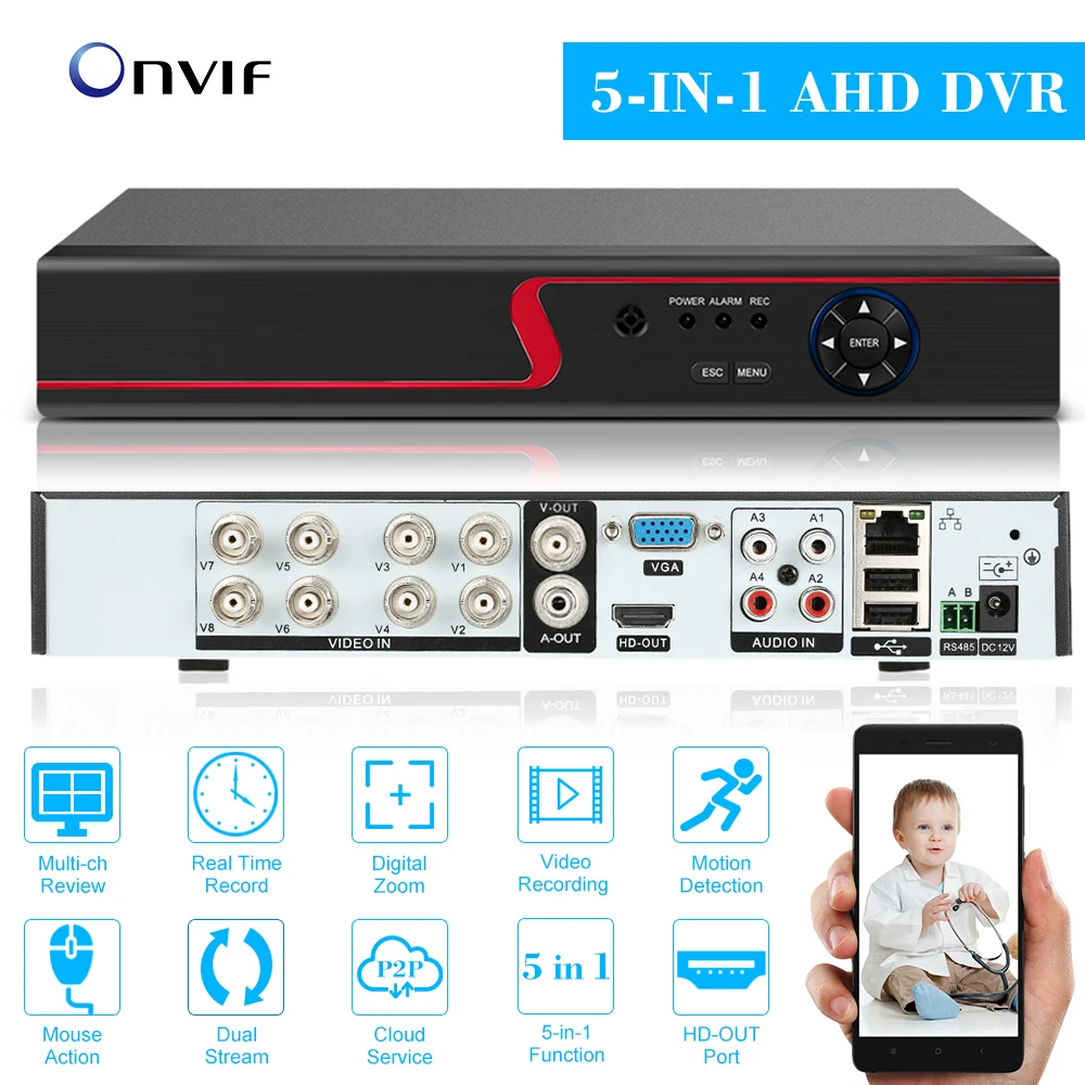 

Цифровой видеорегистратор XMeye, устройство для домашней безопасности, 8 каналов, 5 в 1, 1080N, DVR, Wi-Fi, 3G, Onvif, Cloud, P2P, H.264, для AHD камер, IP