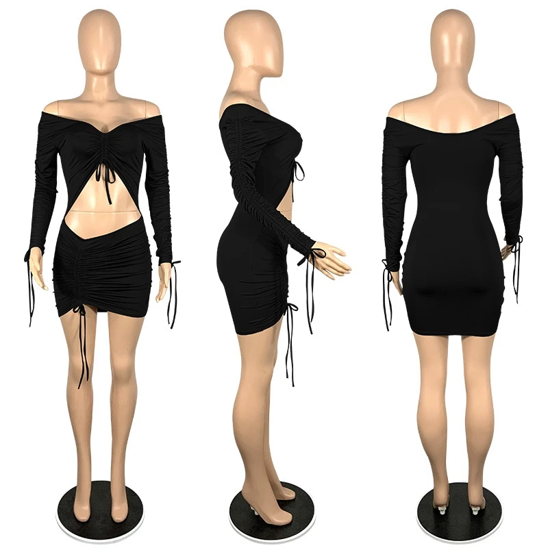 

Off The Shoulder Club Mini Dress Women Spring Hollow Out Long Sleeve Party Dress Backless Drawstring Ruched Sexy Bodycon Dress