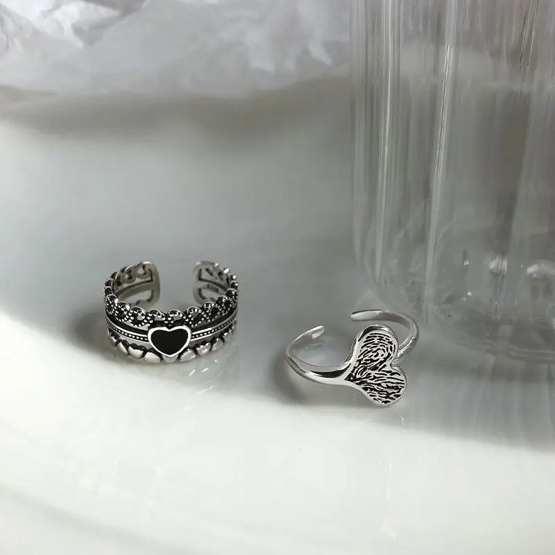 

QMCOCO 925 Sterling Silver Heart Chain Rings Retro Opening Handmade Fashion Fine Jewelry Valentine's Gift