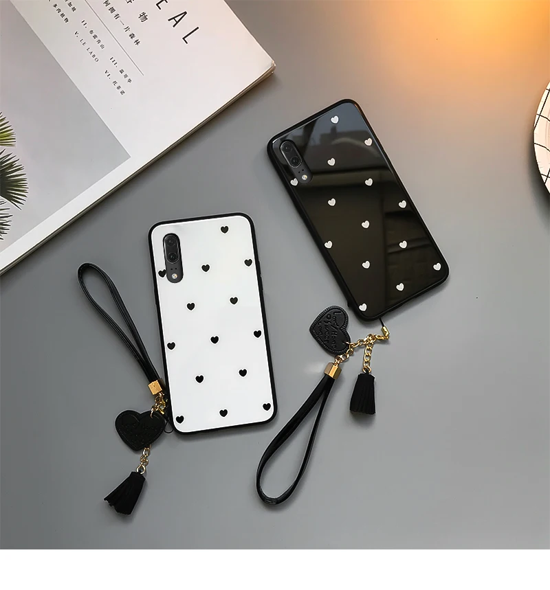 Чехол и ремешок для huawei P20 Lite Nova 5 Чехол стеклянный жесткий чехол для huawei Y9 простое маленькое сердце любви ремешок funda