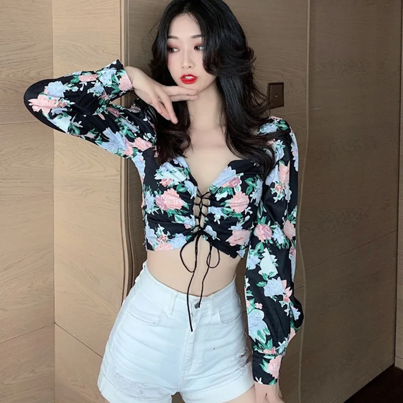 Women Sexy Hollow Puff Sleeves Blouses Fall New Arrival Long Sleeve Ladies Floral Shirt Tops 2020