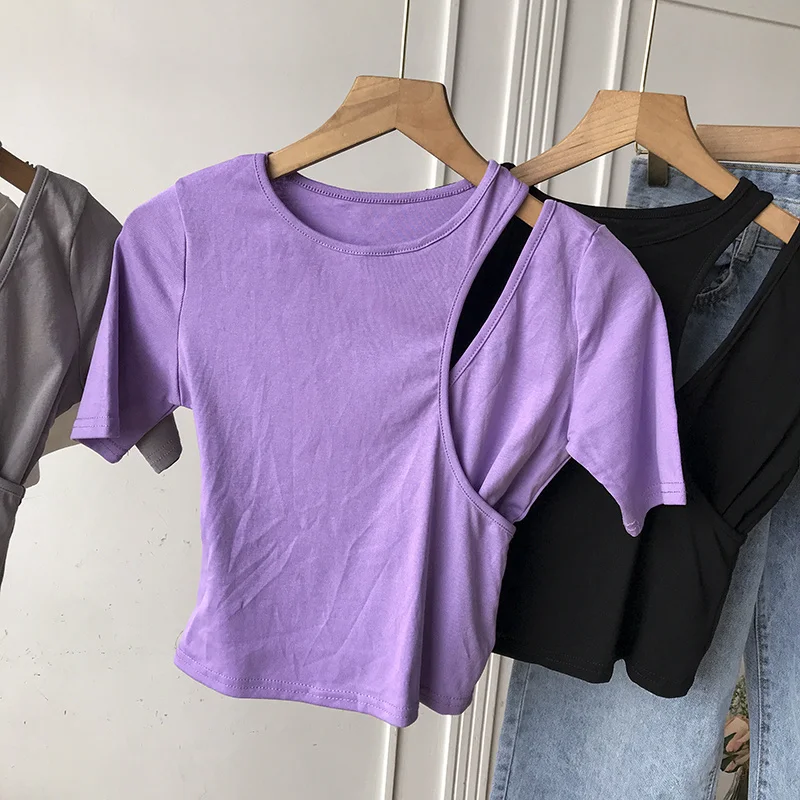 Корейский Стиль дизайн Ins Мода o образным вырезом с коротким студент все матч