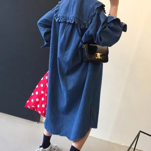 

2021 Spring Clothing Korean Style Ins Younger College Style Retro Doll Wooden Ear Loose Slimming Denim Long Dress