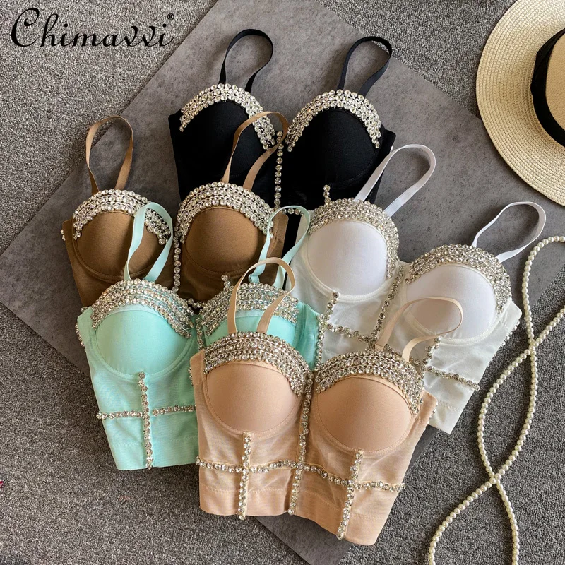 

High-End Beads Rhinestones Camisole Women 2021 Summer Sexy Short Exposed Umbilical Cord Chest Pad Top Gathered Chest Tank