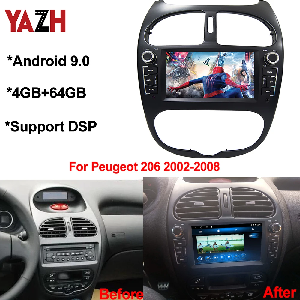 YAZH Android 9.0 GPS Navigation For Peugeot 206 2002 2003 2004 2005 2006 2007 2008 Car DVD Player With 4GB+64GB DSP Auto Radio | Автомобили