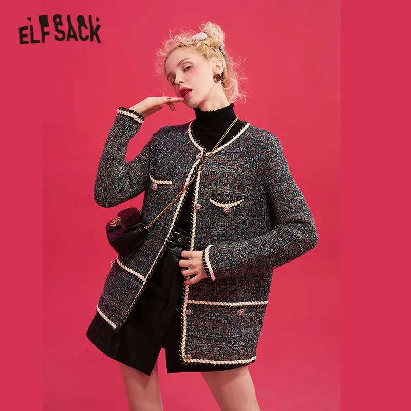 Женское прямое однобортное пальто ELFSACK розовое шерстяное в стиле пэчворк