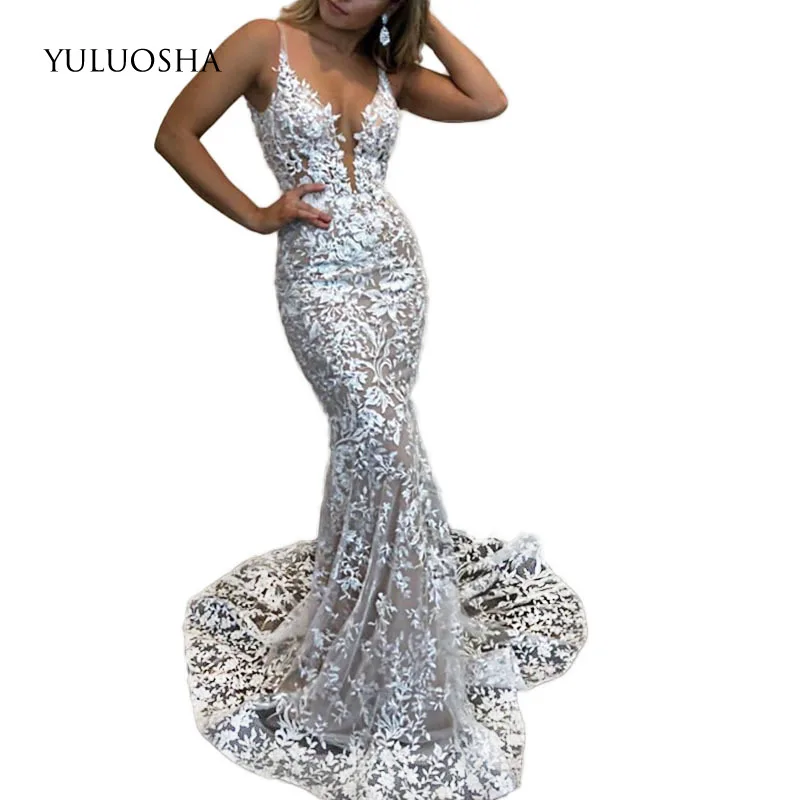 

YULUOSHA New Sexy Glamorous Deep V-Neck Spaghetti Straps Trump Evening Dresses Lace Appliques Prom Party Dresses Formal Dresses