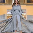 Саудовская Аравия серый хаки цветов длинное шифоновое вечернее платье платья штаны Стиль Пышное Платье Одежда с длинным рукавом платья для выпускного вечера юбка развертки поезд Robe De Soiree 2021