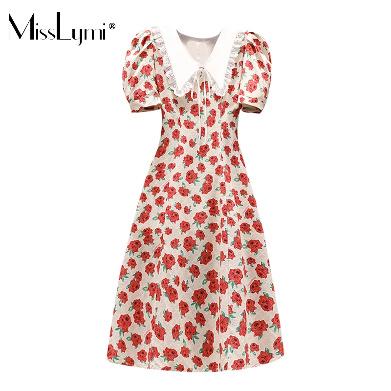 

Vacation Vintage Puff Short Sleeve Rose Printed Loose Dress 2021 Plus Size Lace Peter Pan Collar Sweet Holiday Floral Midi Dress