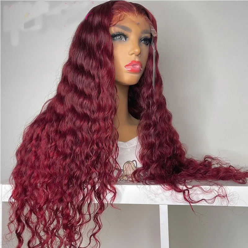 

26 Inch Burgundy Long 180% Density Curly Synthetic Lace Front Wigs For Women Preplucked With Baby Hair Glueless Heat Resistant