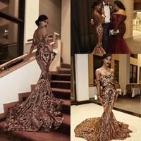 2021 gold and black mermaid engagement dress off shoulder glitter sequined lace sexy mariage formal evening gowns prom dresses