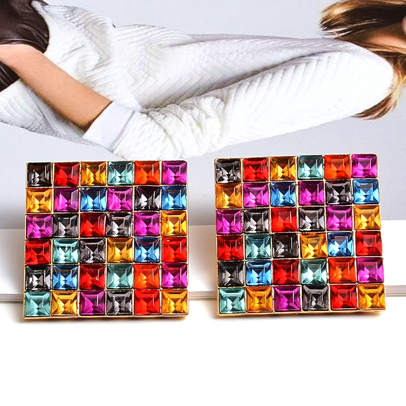 Оптовая продажа квадратные металлические серьги-подвески с разноцветными