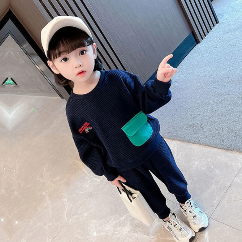 

Clothing suit new girls winter rainbow embroidered sports sweater jacket + pants Thick warm 2-8 year baby Quality Childr clothes
