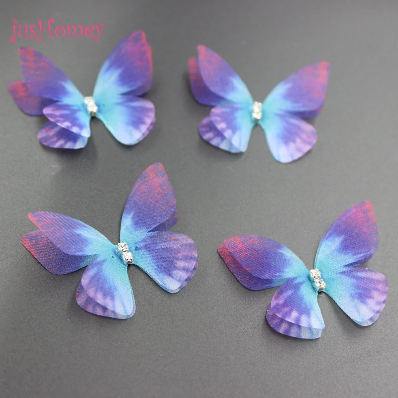 

50PCS Purple Blue Gradient Color Organza Butterflies w/ Rhinestone Double-layer Butterfly Accessory for DIY Choker,Hair Jewelry