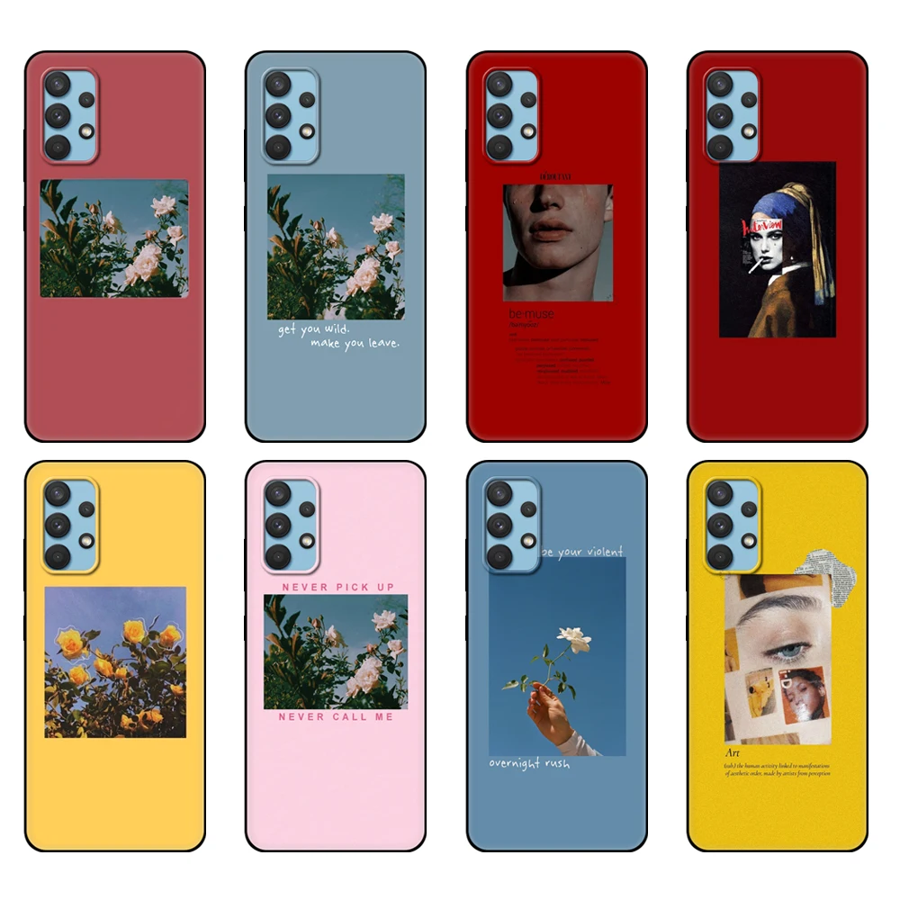 

Black tpu Case For Samsung galaxy A12 A22 A32 A42 A52 A72 4g 5g S21 PLUS ultra back cover Great art prints flowers