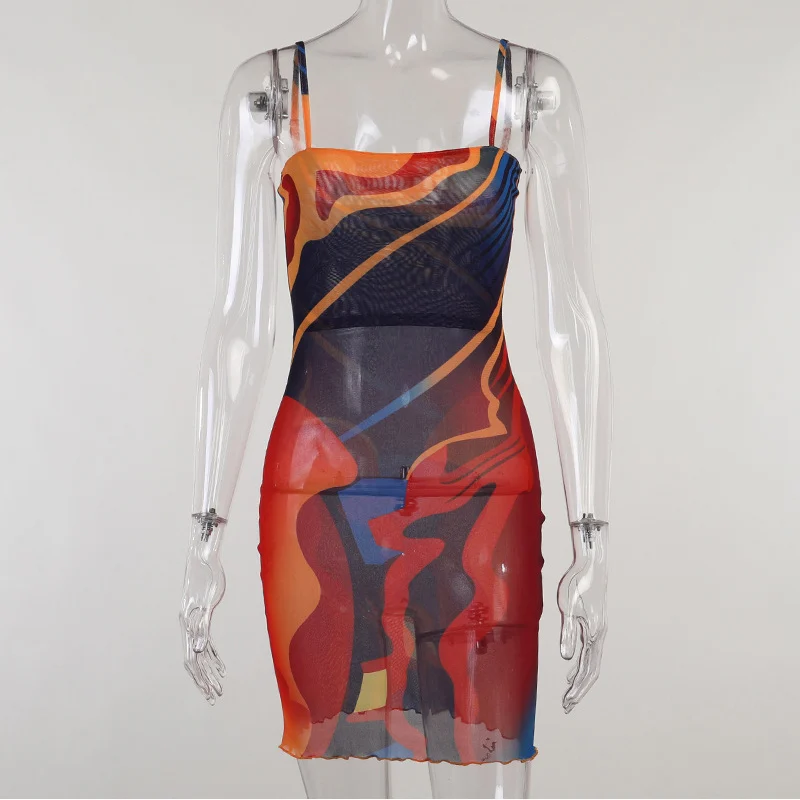 

Y2K Printed Spaghetti Strap Women's Mini Dress Summer Sleeveless Bandage Female Short Dresses 2021 New Fashion Ladies Clothes