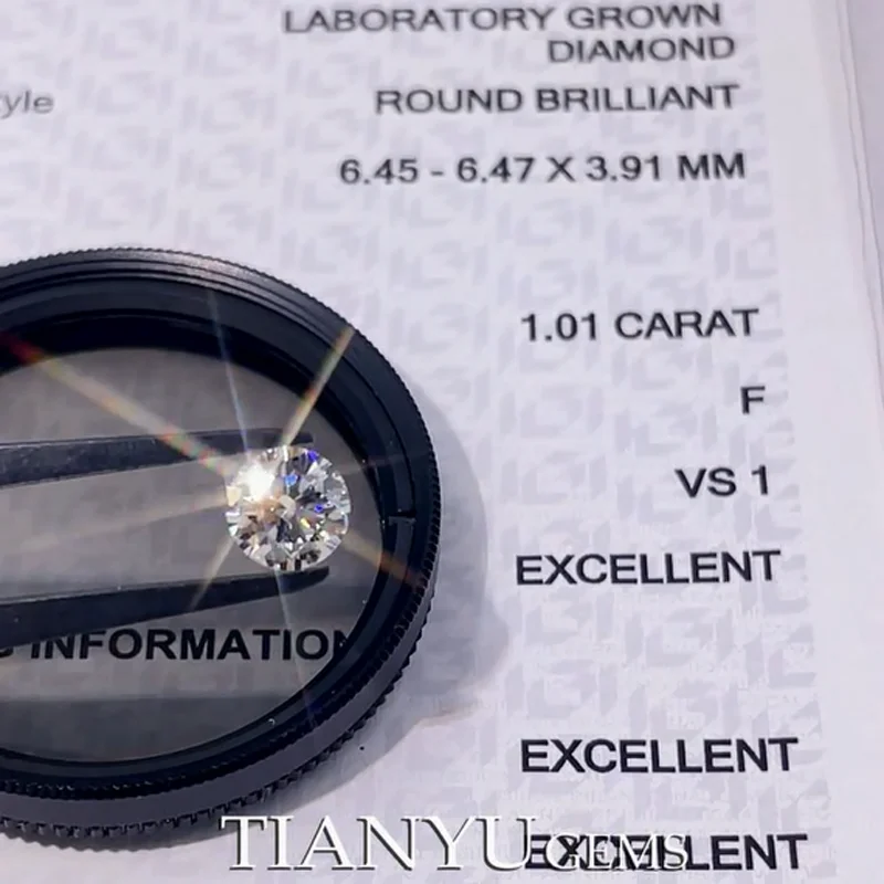 

Tianyu Gems CVD 1.01ct F VS1 3EX Cut Round Brilliant Lab Grown Synthetic Diamonds 6.45X6.47X3.91mm IGI Certificated for Jewelry