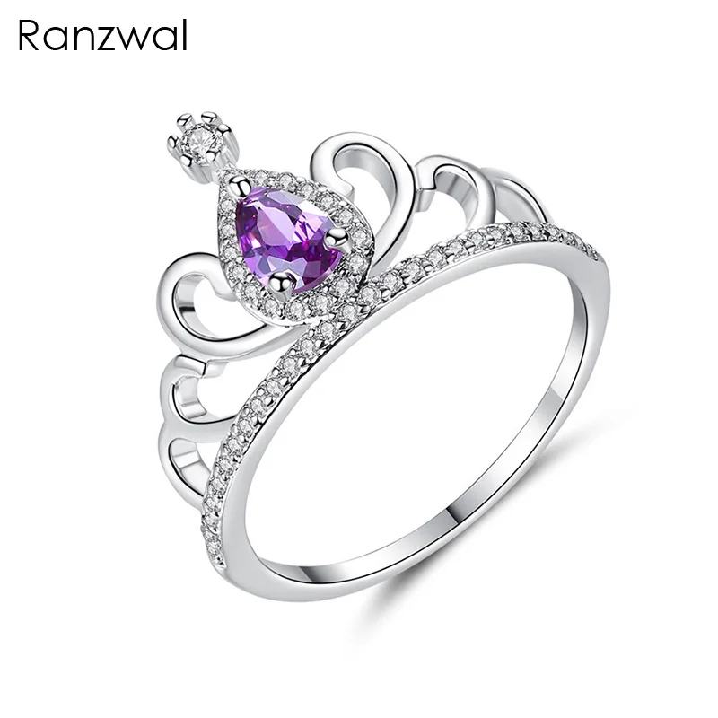 

Ranzwal Purple Zircon Crystal Queen Crown Rings for Women White Gold Plating Engagement Ring Wedding Band Jewelry US SIZE 6~9