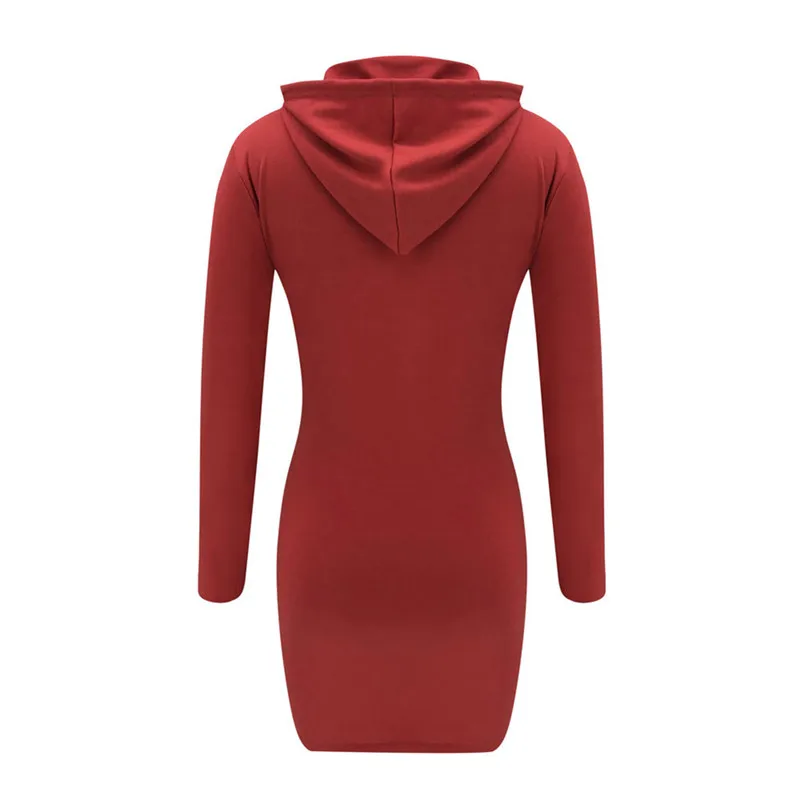 

Slim Women Hooded Mini Dress Long Sleeve Hoodie Pullover Tops With Pockets Autumn Casual Sheath Dress