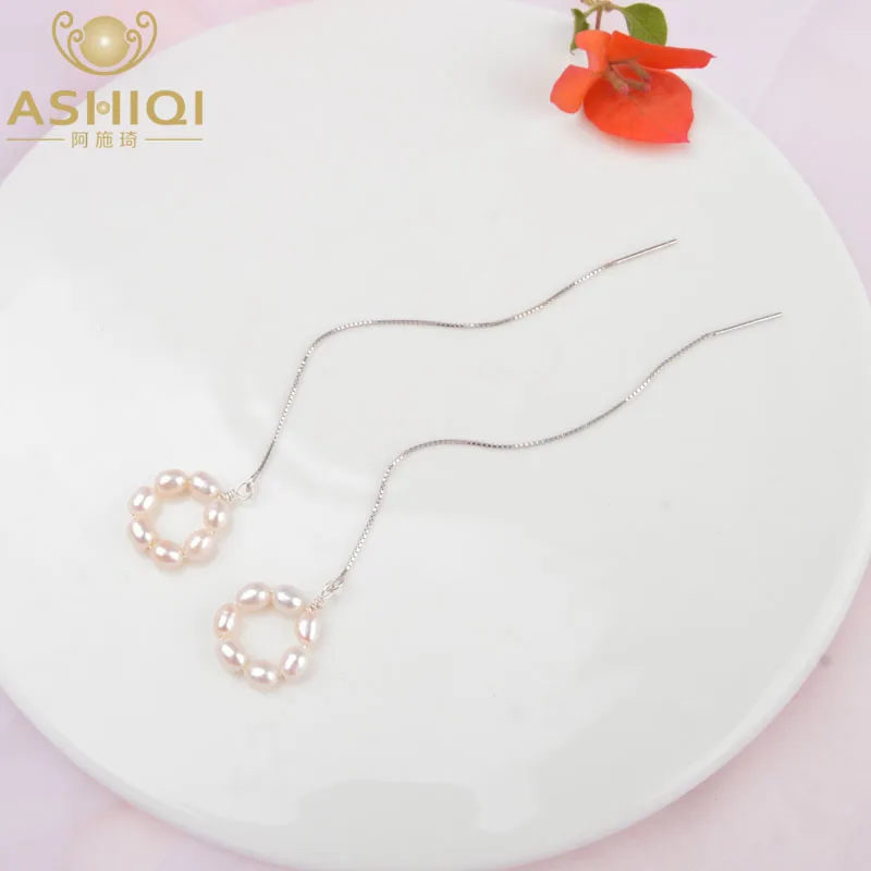 Женские длинные серьги из серебра 925 пробы с натуральным пресноводным