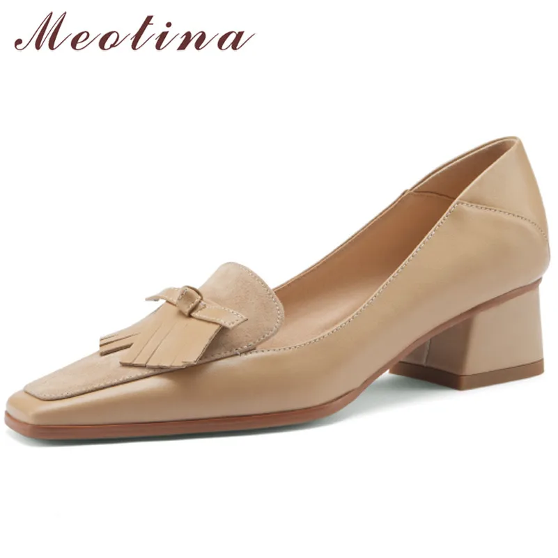 

Meotina Med Heels Natural Genuine Leather Women Shoes Fashion Bow Square Toe Pumps Block Heel Ladies Footwear Spring Apricot 40