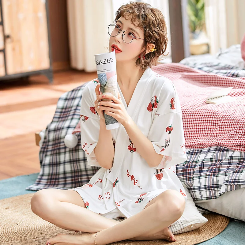 

Summer Pajamas Thin Girl Short Sleeve Lovely Kimono Cotton Loose V-neck Leisurewear Suit