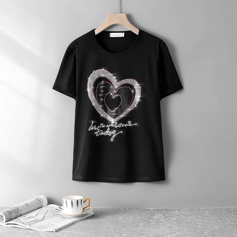 

2022 Летние черные свободные топы, футболки для женщин, модная популярная футболка с коротким рукавом и стразами, хлопковые футболки с брилли...