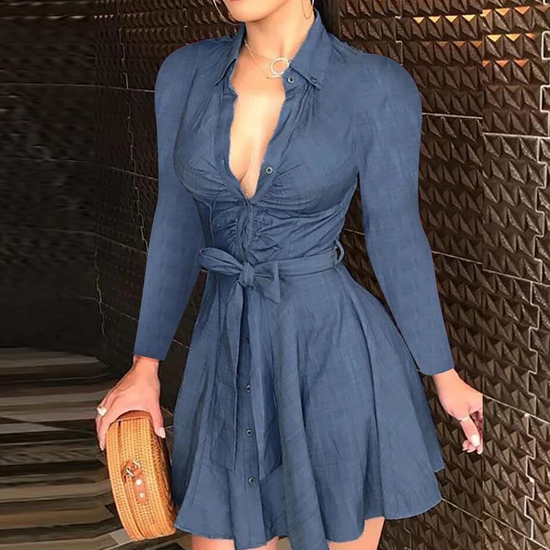 

Dress Woman Long Sleeve Shirt Summer Dress 2021 Elegant Button Up Chain Printed Mini Casual Women's Dresses Robe female
