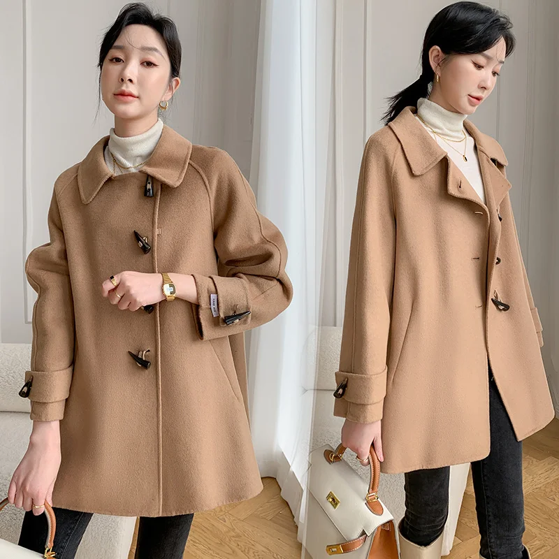 

New Horn Button Reversible Cashmere Coat Hand-Stitched Woolen Coat
