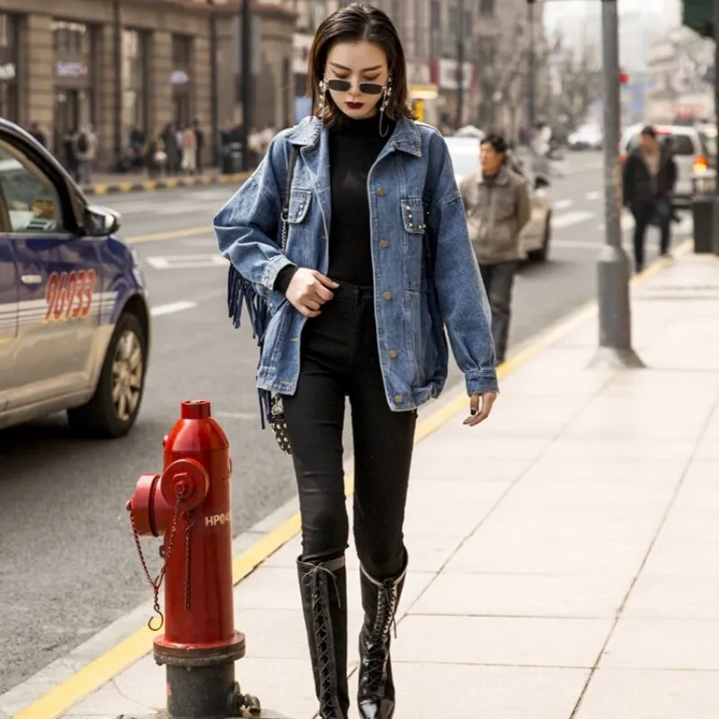 

Streetwear Denim Coat Women Loose Tassel Embroidery Rivets Jean Jacket Spring Autumn New Lady Single Breasted Blue Outerwear