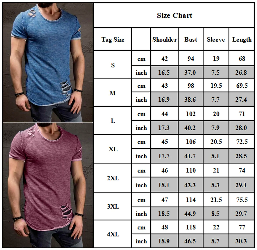 

Mens T-shirt Ripped Frayed Short Sleeve Shirt Summer Slim Holiday Blouses Tops