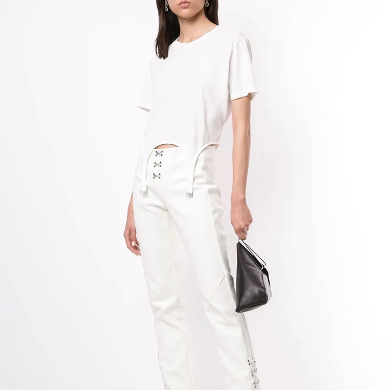 

2021NEW pure cotton simple round neck fashion all-match women's T-shirt, summer irregular hem strap buckle short-sleeved T-shirt