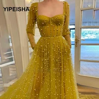 gorgeous beaded pearls prom dresses long sleeves golden rattan square a line party dresses exposed iiiusion long evening dresses