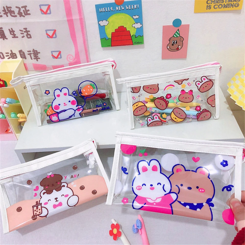 

Cartoon Bear Transparent Pencil Case Kawaii Stationery Large Capacity Cosmetic Bag Toiletries Storage Bag School Supplies