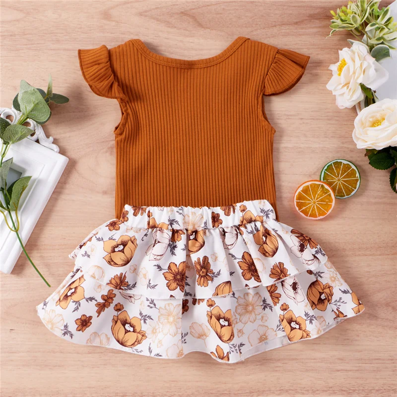 

Baby Girls summer sweet style Clothes Two Pieces Fashion Letter Embroidery Fly Sleeve Romper and Flower A-line Skirt