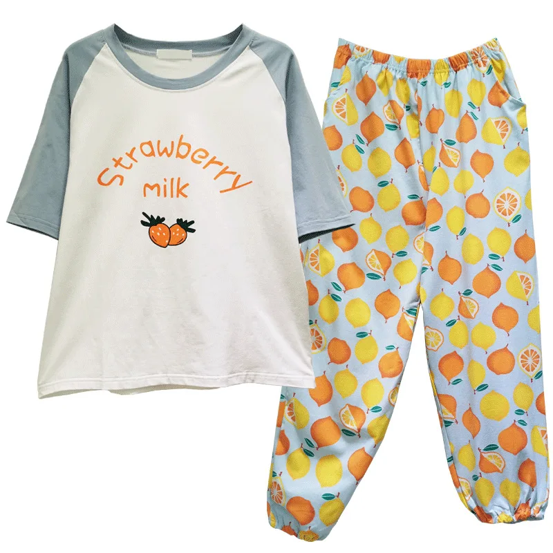 

Cute Strawberry Cotton Pajamas Female Summer Loose Sleepwear Short-sleeved Trousers Spring Home Suit For Women Nightwear