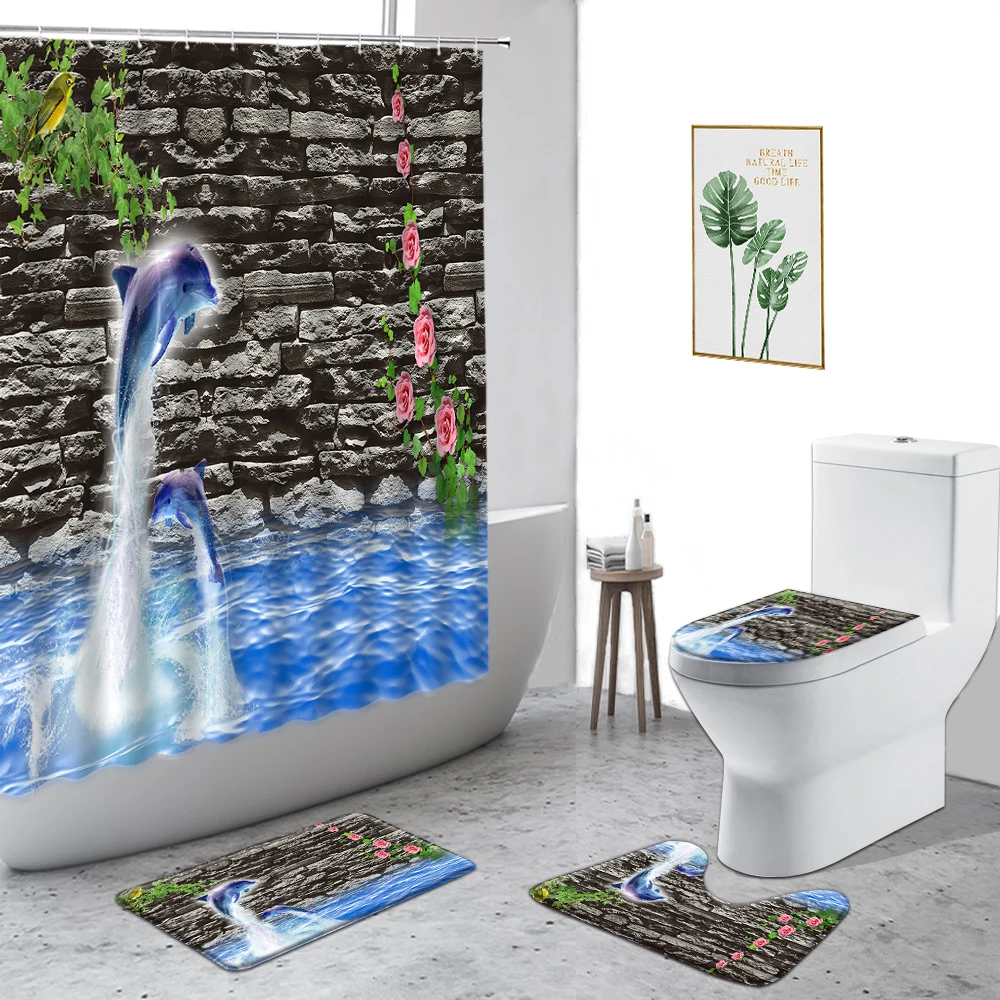 

Dolphin Waterproof Shower Curtain Creative Marine Animal Starfish Seagull Bathroom Decoration Set non-Slip Carpet Bath Curtains