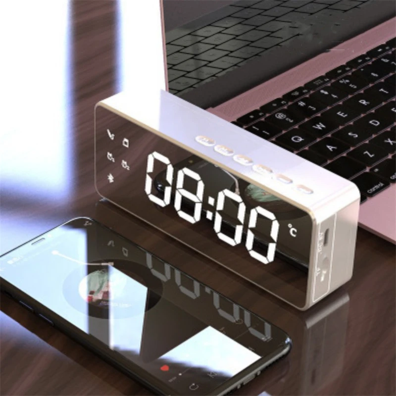 

Digital LED Mirror Alarm Clock Multi FM Radio Wireless 5.0 Bluetooth Music Player Electronic Table Clocks with Dual Alarm Mode