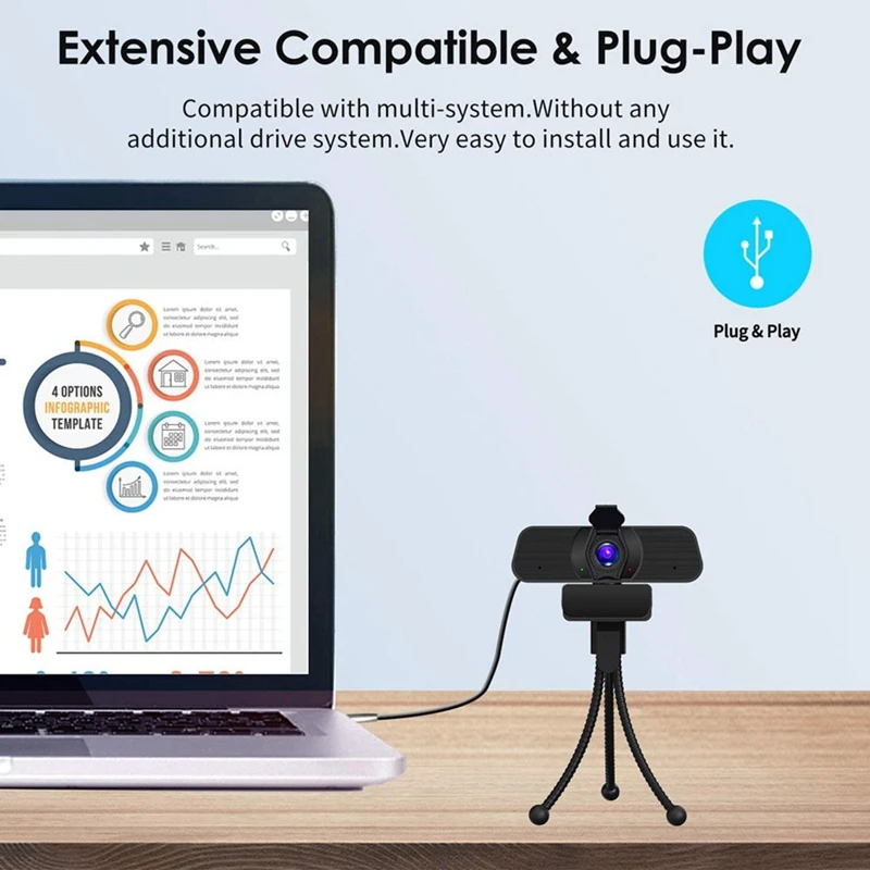 

2K Webcam USB Built-in Microphone Driver-Free Webcam Is Suitable for Live Broadcast, Video Call, Online Meeting