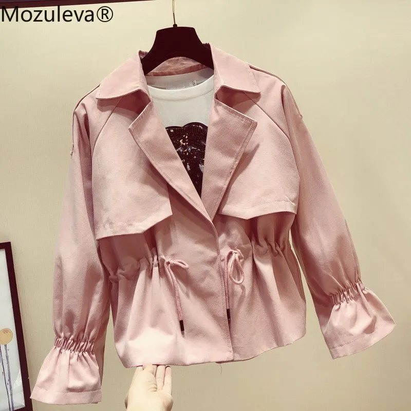 Mozuleva 2020 New Spring Fashion Lapel Long Sleeve Short Windbreaker Female Tie Up Casual Outerwear Coats and Jacket Women | Женская