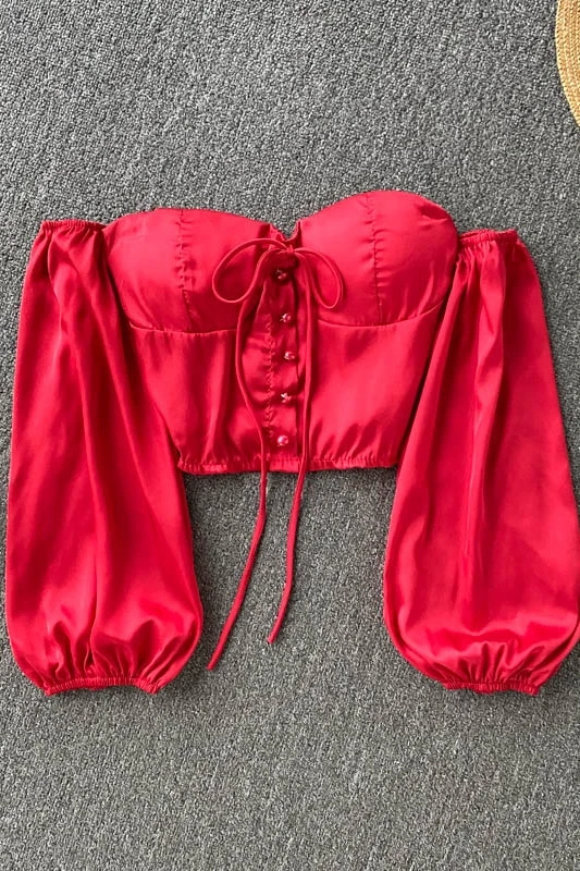 

Short Sleeve Casual Red Top Women's Summer Wear 2021 Sexy Bandeau Slim Short Blouses Female Puff Sleeve Satin Shirt